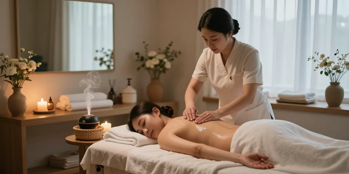 Relaxing 용인출장마사지 session in a tranquil studio showcasing a professional therapist and calming atmosphere.