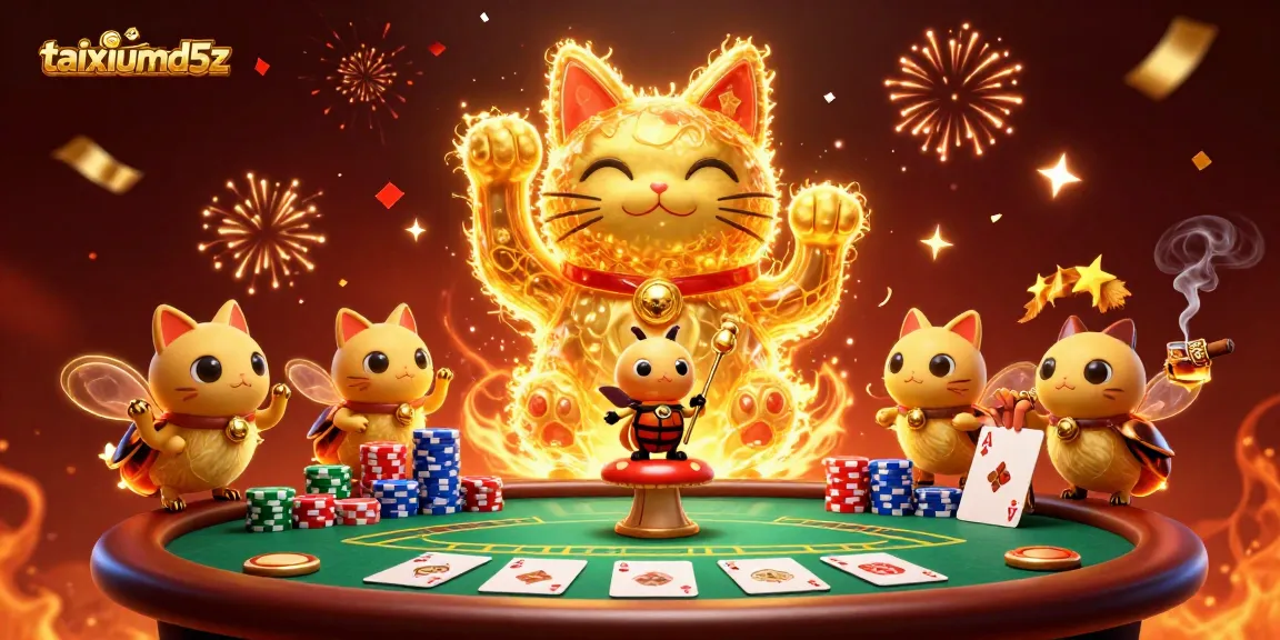 Engage in the thrill of gaming with taixiumd5z's vibrant lucky cat illustration and poker elements.