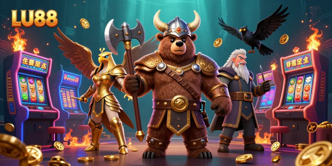 LU88 features a Viking bear and Valkyrie eagle amidst vibrant casino slots and arcade games.