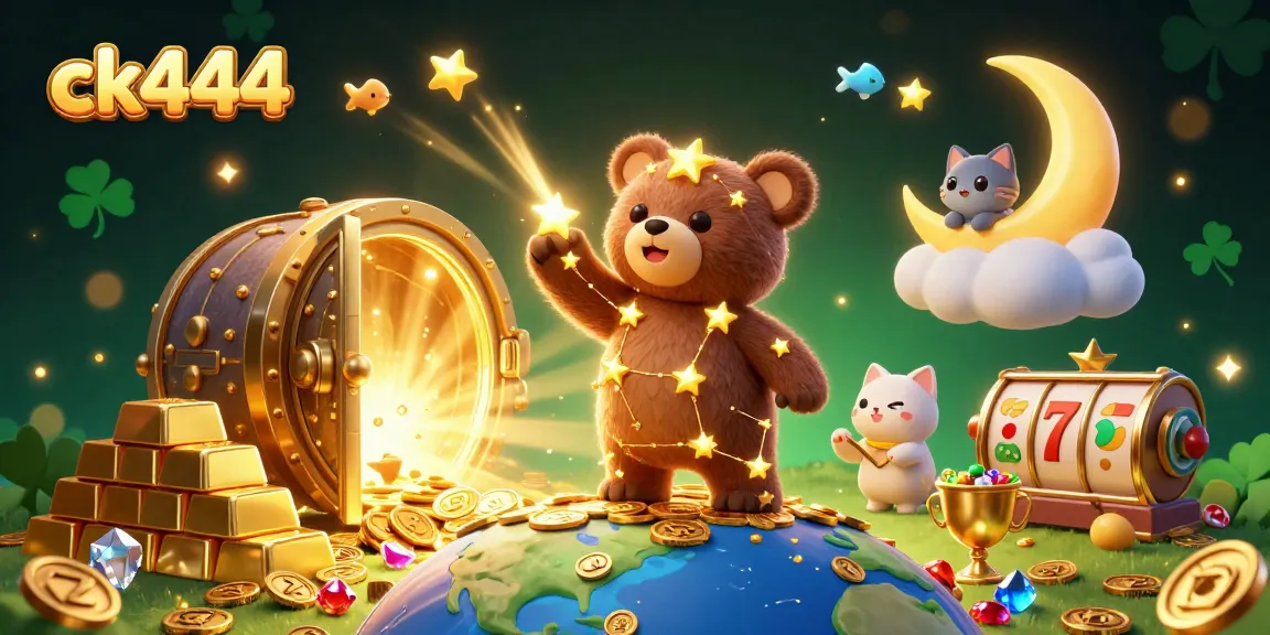 Spin the reels at ck444 casino, showcasing a vibrant illustration of a 3D constellation bear and treasure.