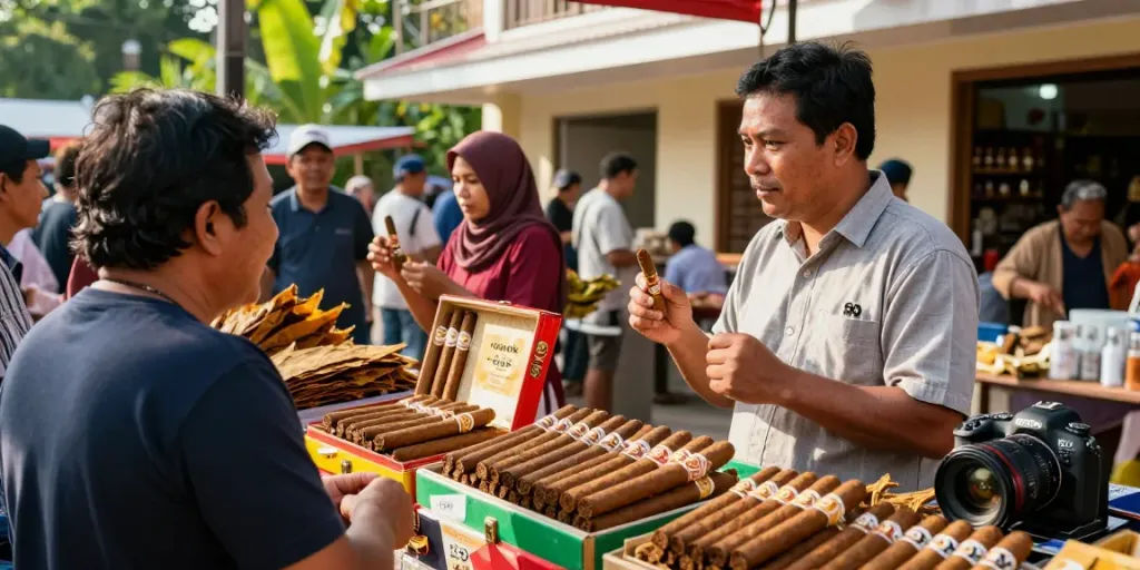 Vendor showcasing rokok 88 cigars at a lively market with vibrant displays and engaged customers.