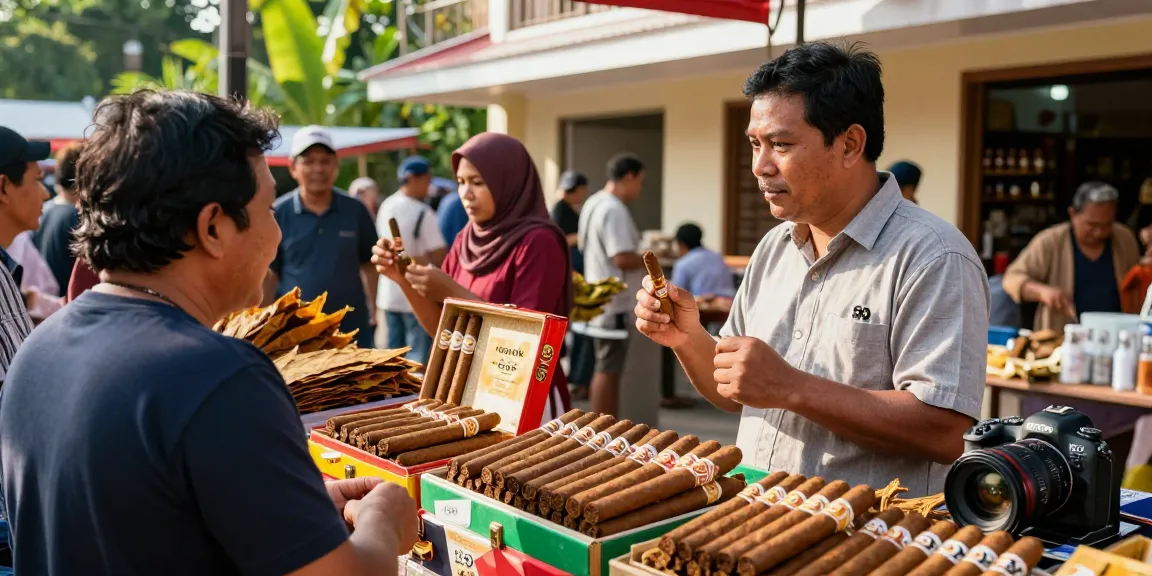 Vendor showcasing rokok 88 cigars at a lively market with vibrant displays and engaged customers.