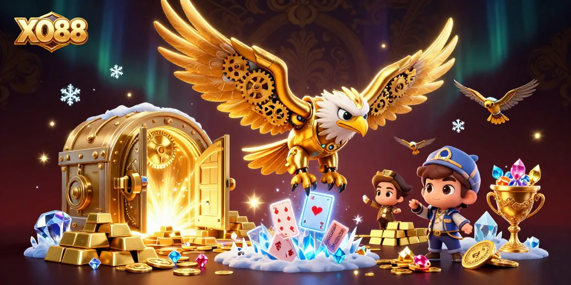 Experience the excitement of XO88 with a dazzling 3D casino scene featuring a golden eagle amidst treasure and cards.