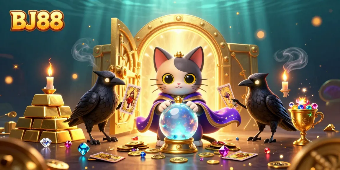 Experience the thrill of BJ88 in a vibrant casino-themed 3D illustration filled with treasure and mystical elements.