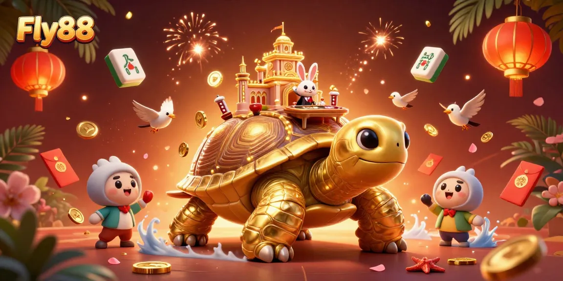 Engage with Fly88's thrilling gaming experience featuring a golden tortoise casino and a rabbit dealer.