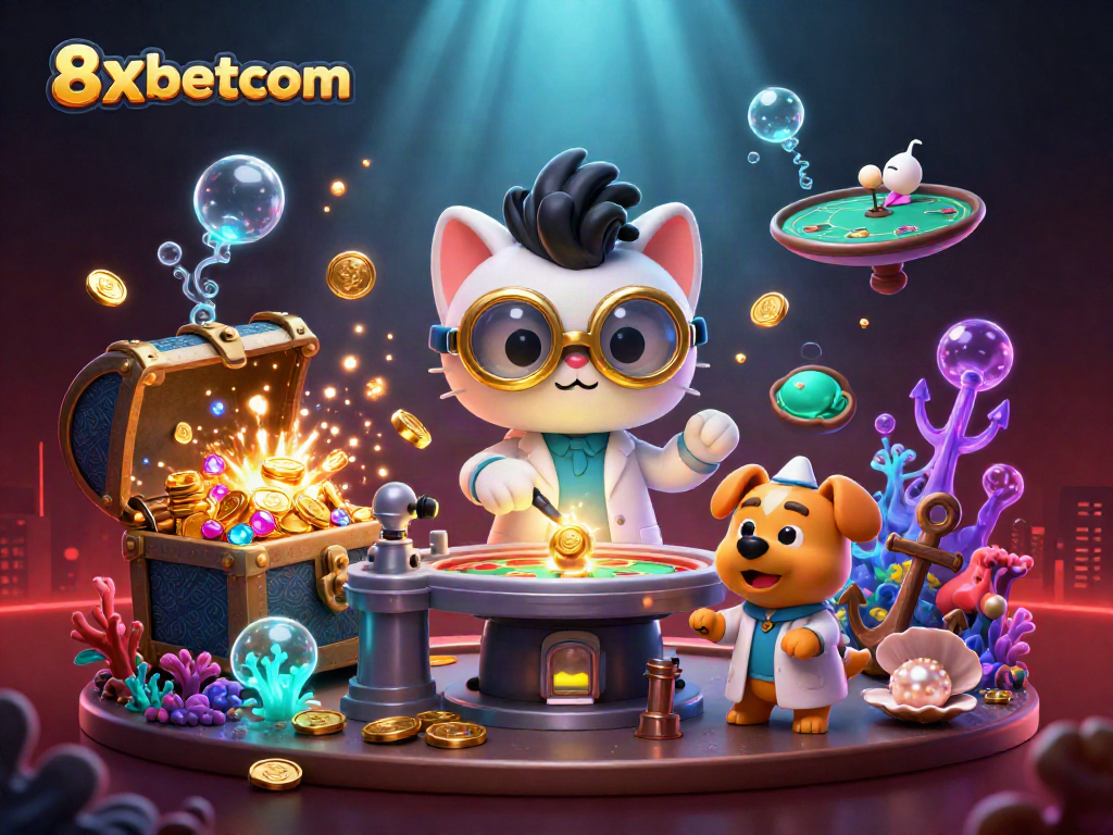 Win big with 8xbetcom in this vibrant casino-themed underwater adventure illustration.