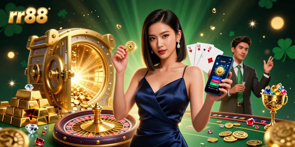 Engage in thrilling games at rr88 with a stunning illustration of a confident woman holding a casino app.