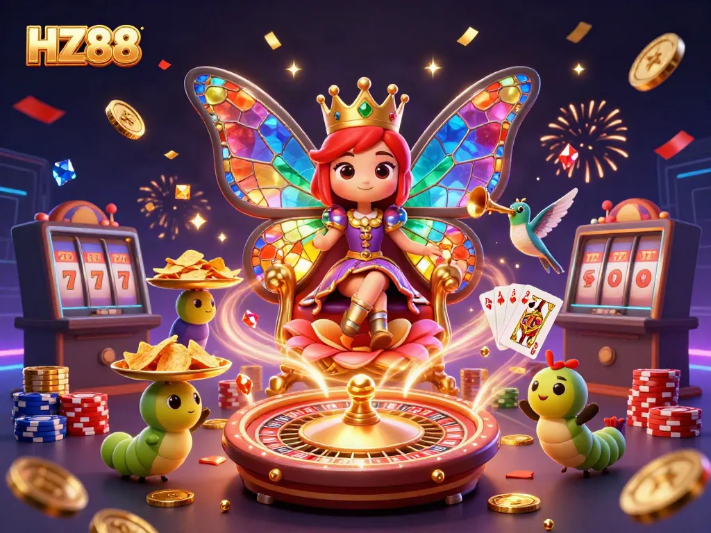 Experience excitement at HZ88 with a colorful 3D scene featuring a butterfly queen amidst casino elements.