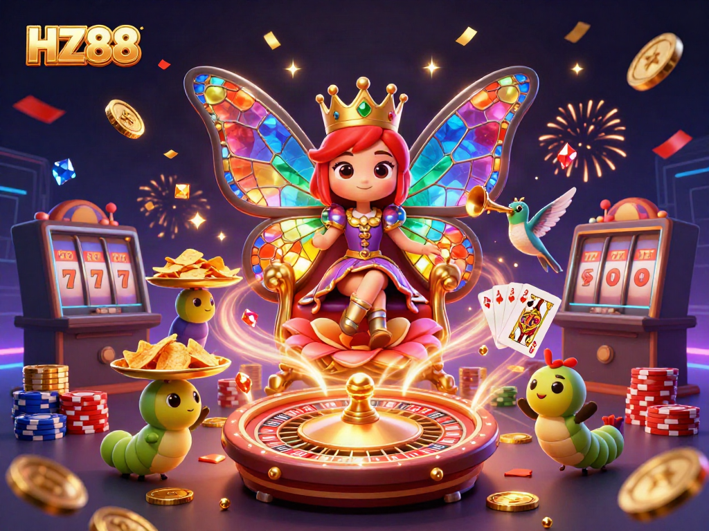 Experience excitement at HZ88 with a colorful 3D scene featuring a butterfly queen amidst casino elements.