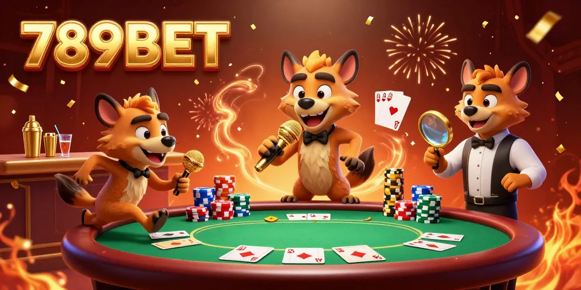 Experience the excitement of 789BET at a comedy casino club with playful hyenas, vibrant game elements, and golden confetti.