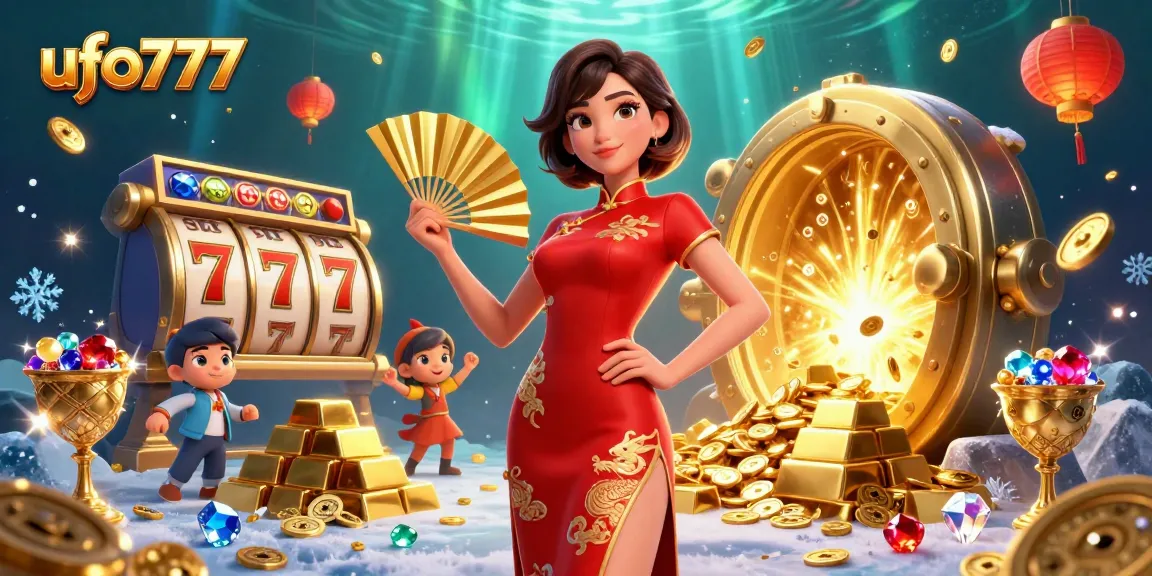 Engage with ufo777's thrilling slot adventure featuring a radiant Asian woman and vibrant casino elements.