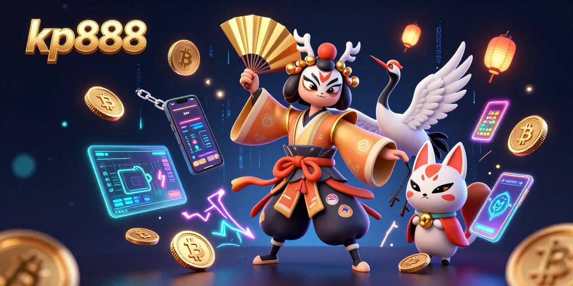 Experience thrilling gaming with kp888's vibrant 3D casino scene and crypto elements.