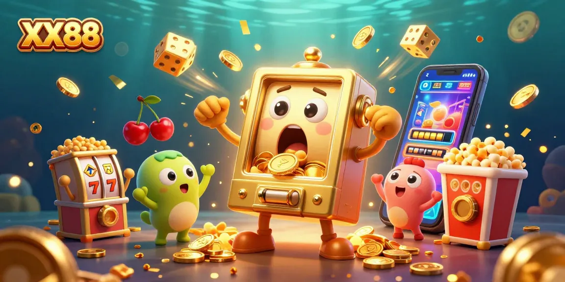 Experience a thrilling jackpot at XX88 with a golden slot machine winning coins amidst cheering companions and bursting casino elements.