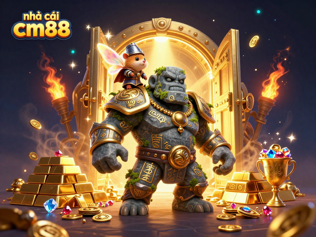 Experience the excitement at nhà cái cm88 with magical golems and treasures in a dynamic casino illustration.