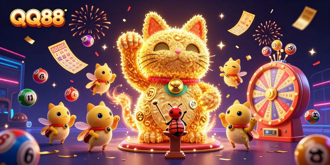 Engage with QQ88's vibrant gaming universe featuring a lucky cat, fireworks, and lottery excitement.